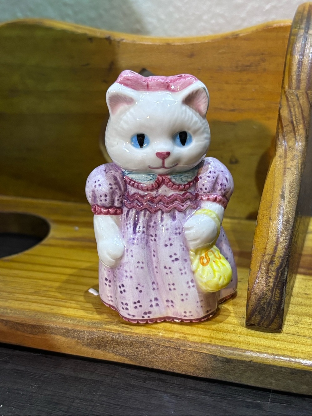 Vintage Ceramic White Cat Salt and Pepper Figure in Pink Dress